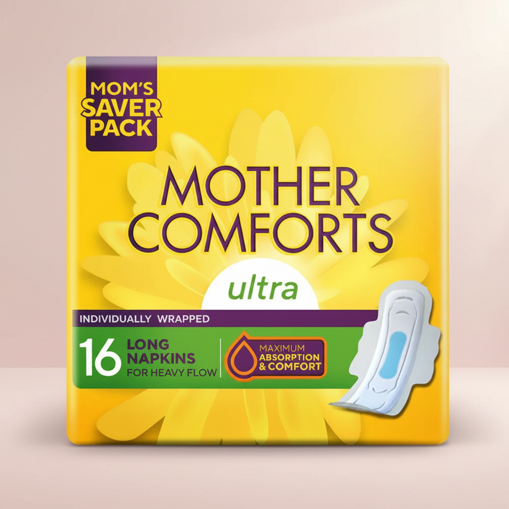 Sanitary pad pack front with 16 long ultra napkins, individually wrapped, yellow box and pad