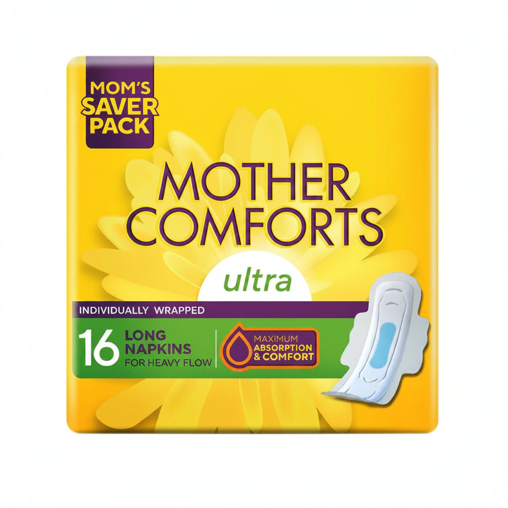 Sanitary pad pack, long ultra pads, 16 count, individually wrapped, yellow box with blue pad