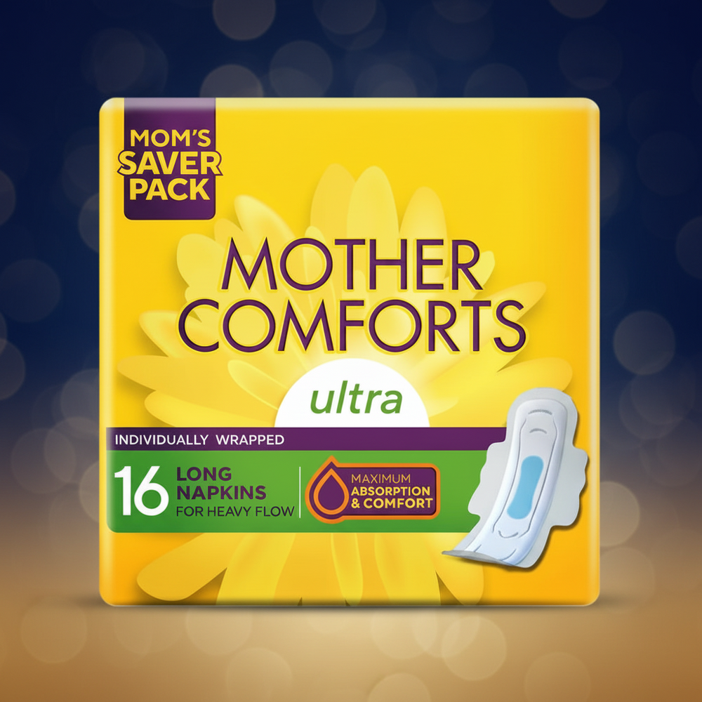 Sanitary pad pack with 16 long ultra napkins for heavy flow, individually wrapped, yellow box