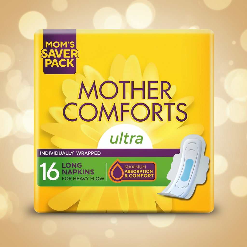 Sanitary pad pack showing 16 long ultra napkins for heavy flow, individually wrapped, yellow box