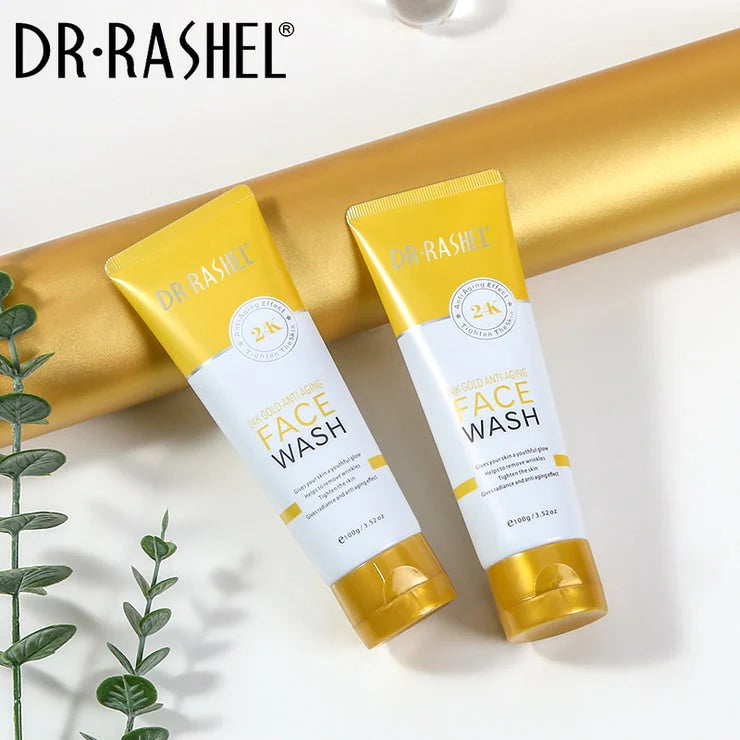 Gold and white 24K face wash tubes, DR.RASHEL, side-by-side