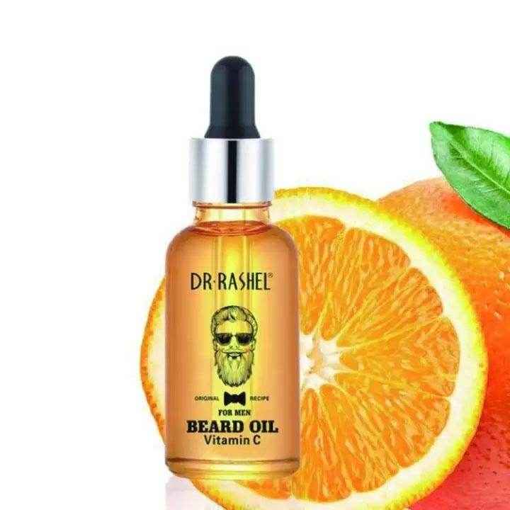 Beard oil bottle with black dropper and amber serum, with citrus illustration