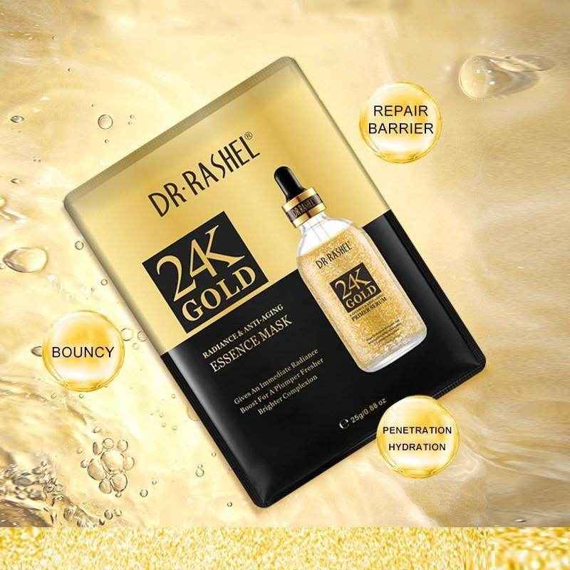 Essence mask box with 24K gold serum bottle and gold-toned dropper