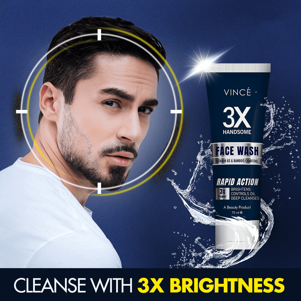 Vince 3X Handsome face wash tube with water splash and bubbles, dark blue