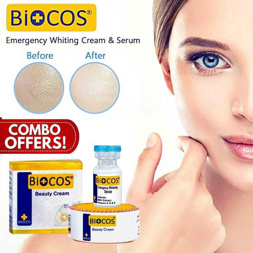 Biocos emergency whitening cream and serum combo, jar and serum bottle