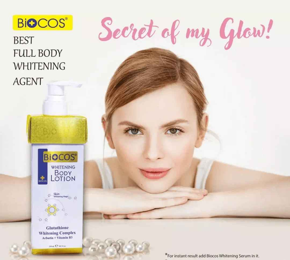 Biocos whitening body lotion bottle with gold cap and white pump