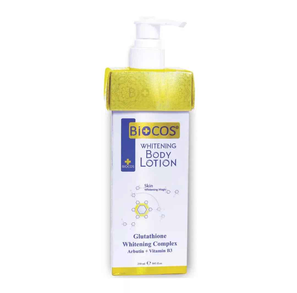 Biocos whitening body lotion bottle, frontal view, gold pump cap