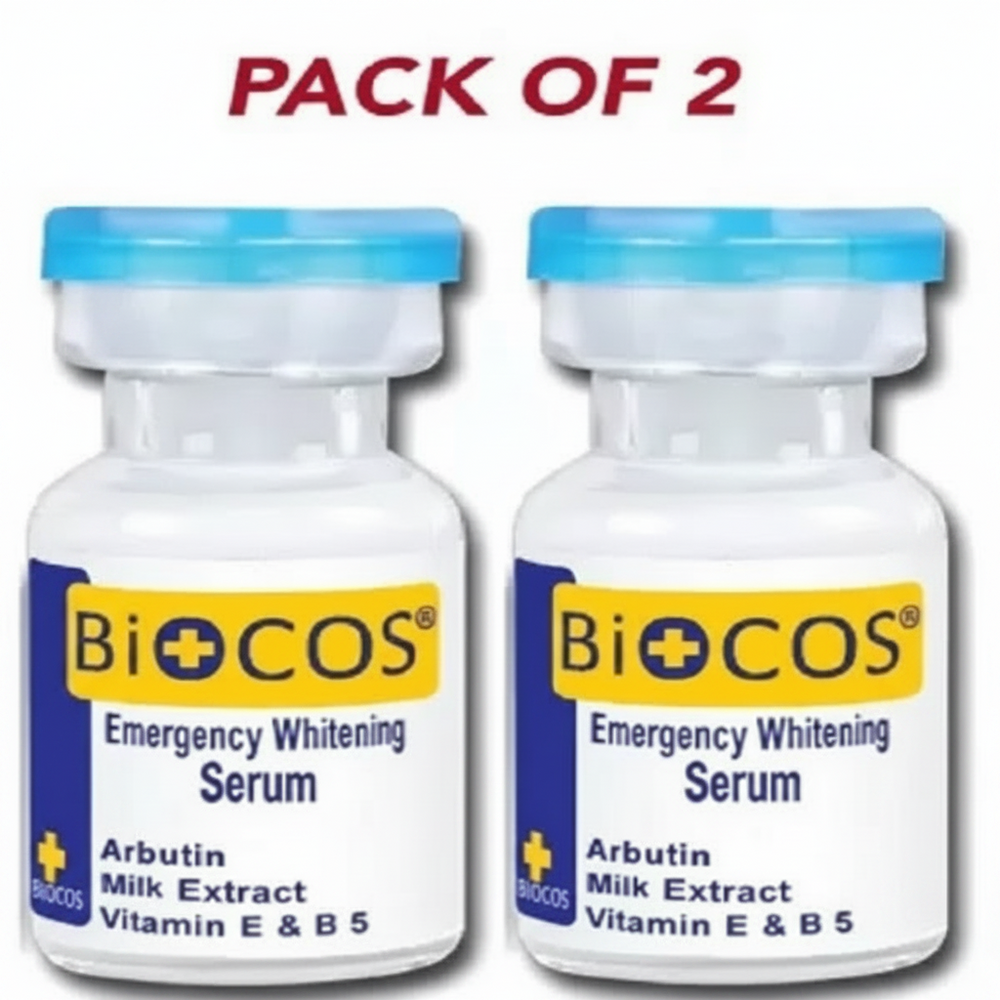 Biocos Emergency Whitening Serum pack of two, front view bottles with blue caps