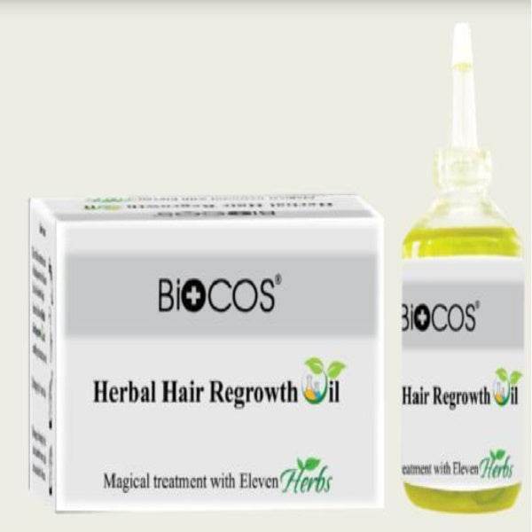 Herbal hair regrowth oil box and bottle set with Biocos label