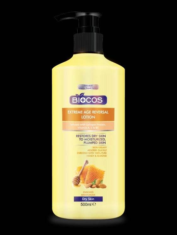 Biocos Extreme Age Reversal Lotion bottle with label, pale yellow, black pump