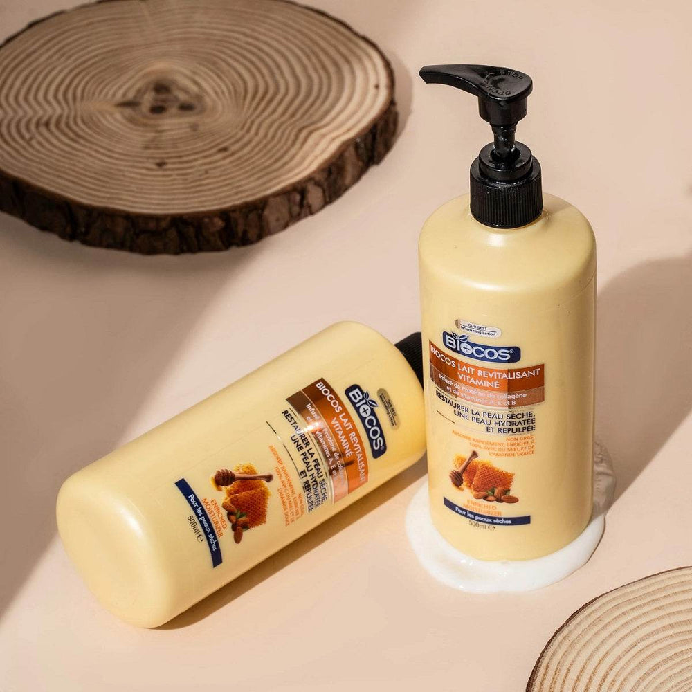 Biocos Age Reversal lotion bottle set with pump, pale yellow, labels visible