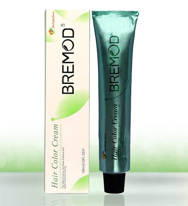 Bremod hair color cream tube and box, teal tube with black cap
