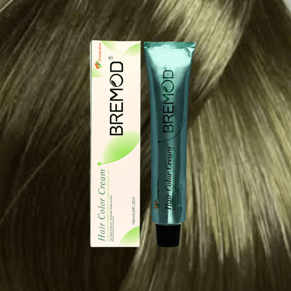 Bremod hair color cream box and tube in ash blond green, close-up