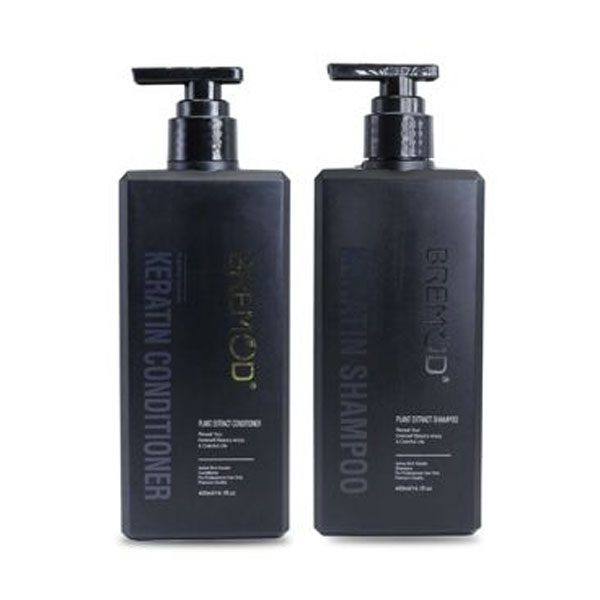 Bremod keratin conditioner and shampoo bottles with black pump tops