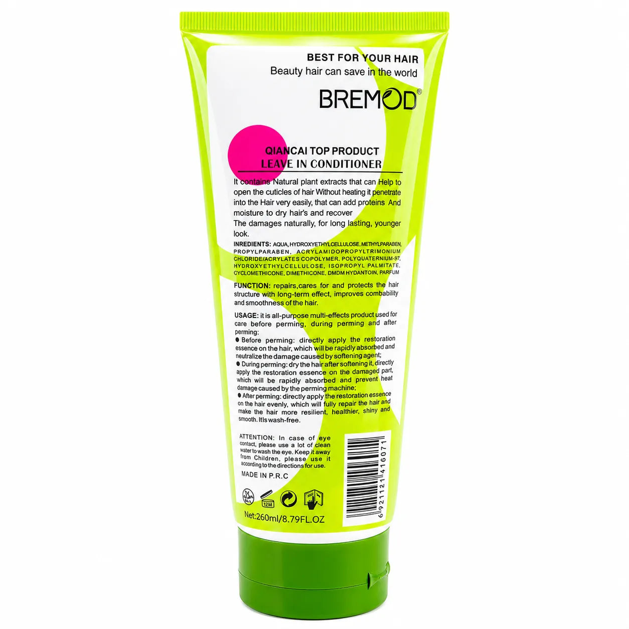 Green Bremod leave-in conditioner tube, Top Smooth, 260 ml, back label details