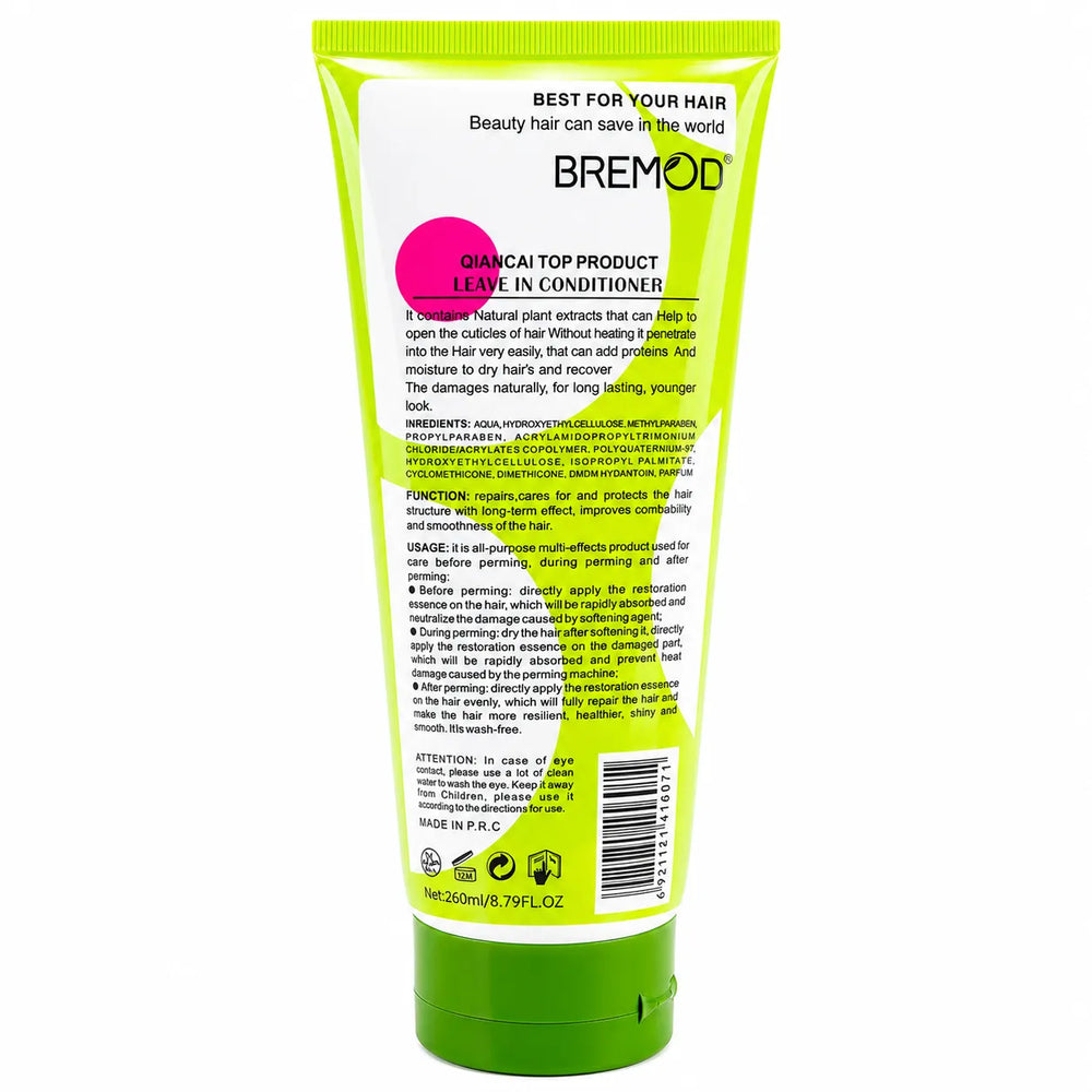 Green Bremod leave-in conditioner tube, Top Smooth, 260 ml, back label details