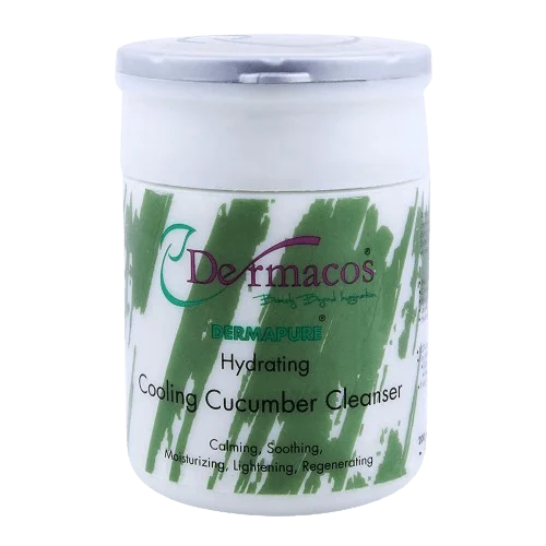 Dermacos Cooling Cucumber Cleanser jar with white lid and green splash-style label