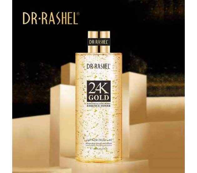 Dr Rashel 24K Gold essence toner bottle with twin gold caps, gold-speckled serum