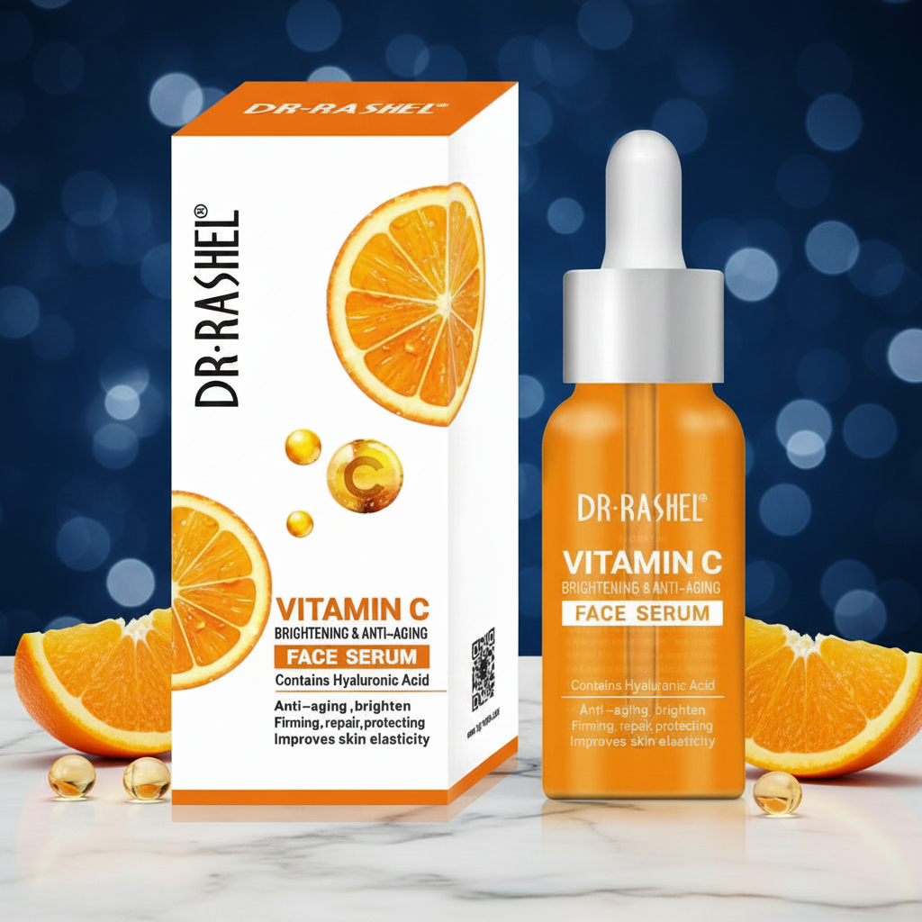 Vitamin C face serum bottle with dropper and Dr Rashel Vitamin C box, orange bottle