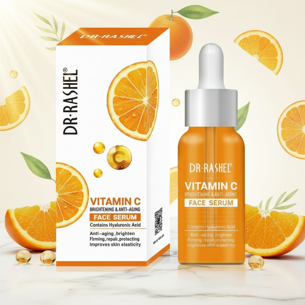 Vitamin C face serum bottle with dropper and Dr Rashel Vitamin C box, orange bottle