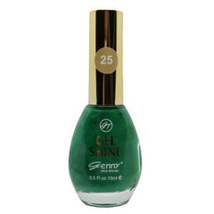 Genny Shine nail polish bottle with emerald green color, gold cap, 25 label