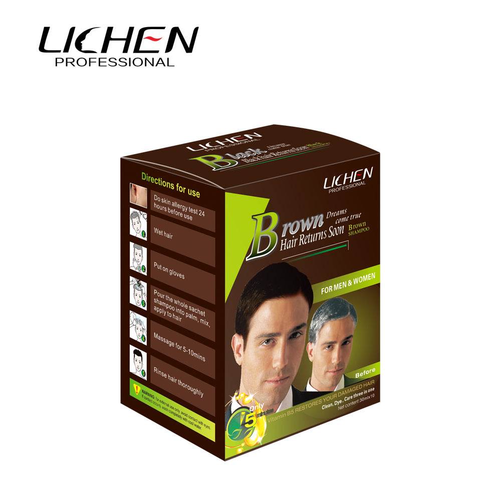 Brown hair shampoo sachet with Lichen Professional box, angled front view and side panel