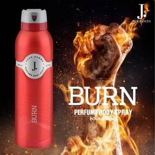 J. Burn perfume body spray bottle, red can with white label and gray cap, 200 ml