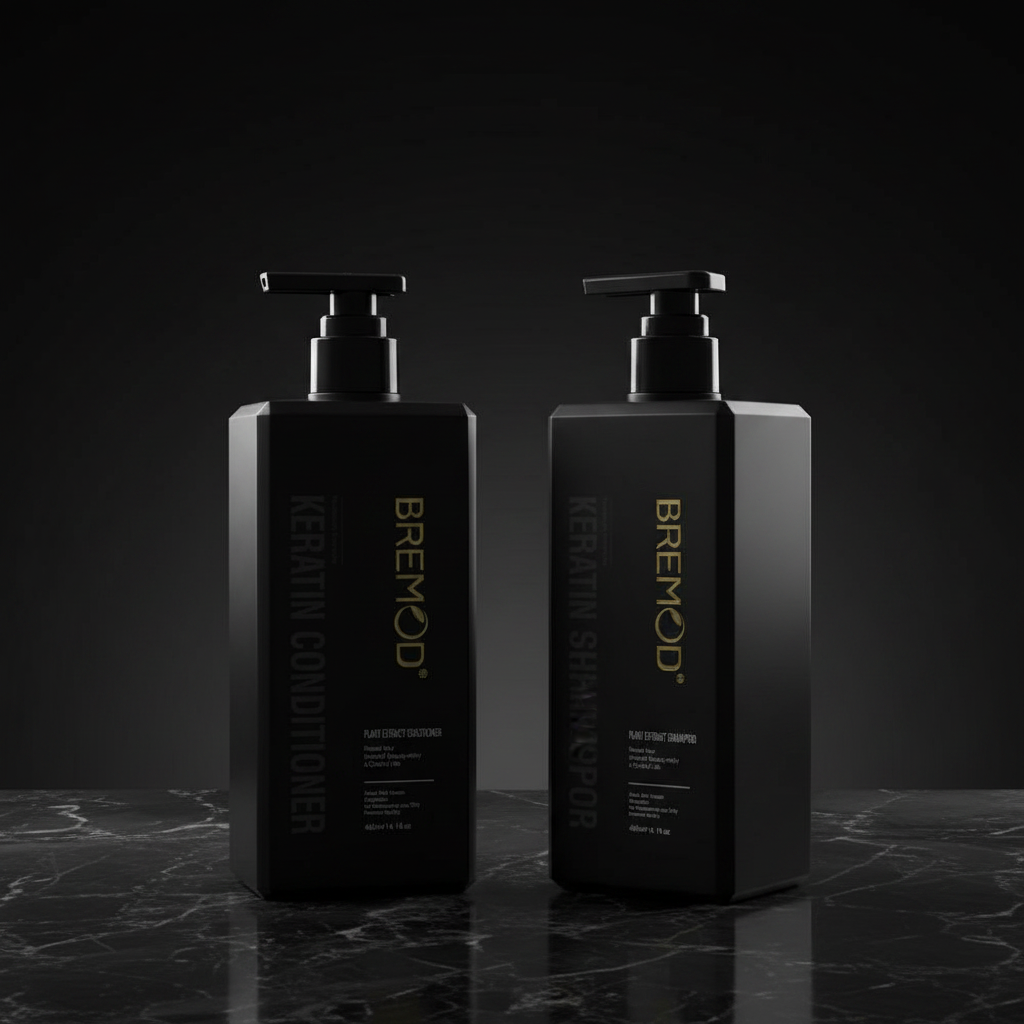 Bremod keratin conditioner and shampoo bottles with black pump dispensers