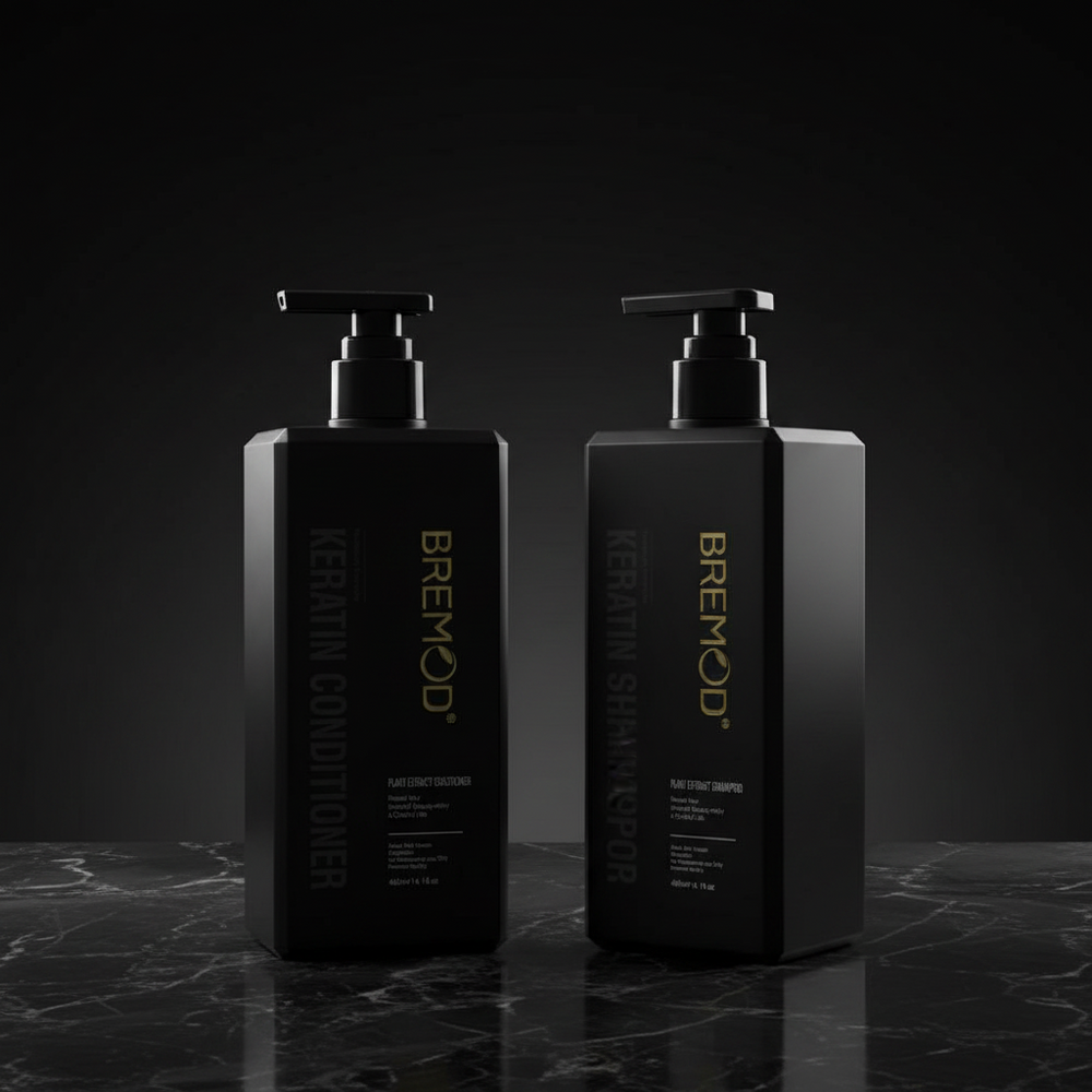 Bremod keratin conditioner and shampoo bottles with black pump dispensers