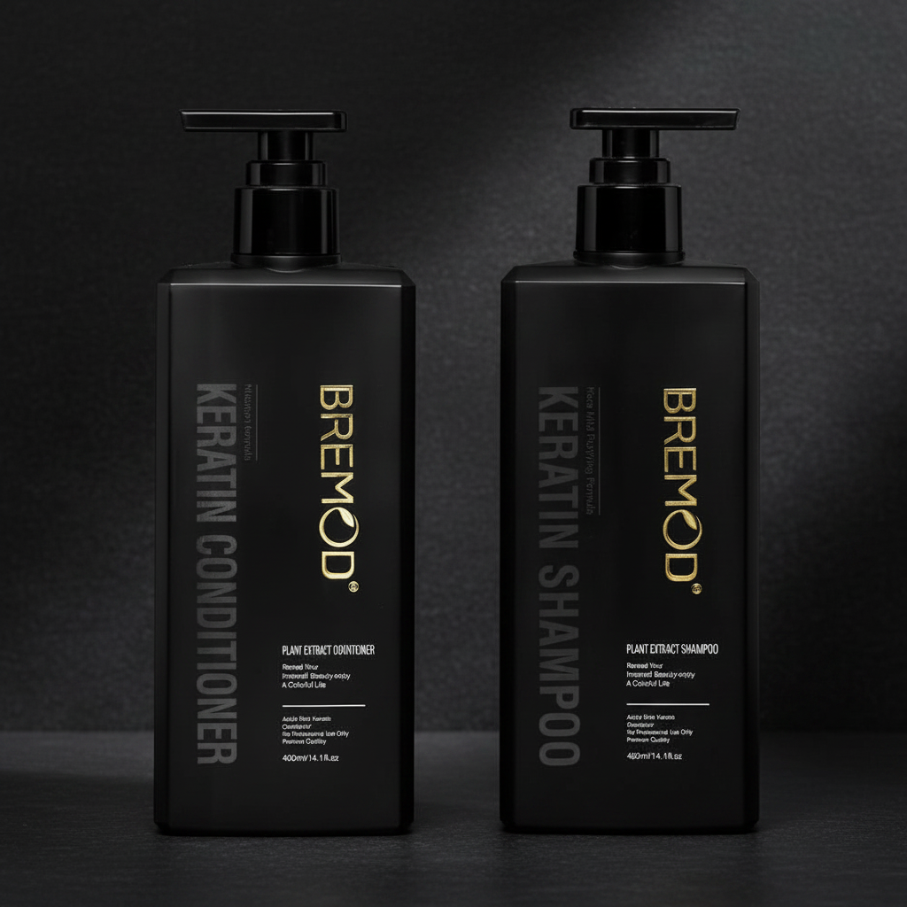 Bremod keratin conditioner and shampoo bottles, black pump dispensers
