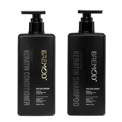 Keratin shampoo and conditioner bottles with black pump dispensers, Bremod