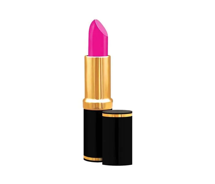 Glossy lipstick bullet with pink-magenta tip in gold-and-black case