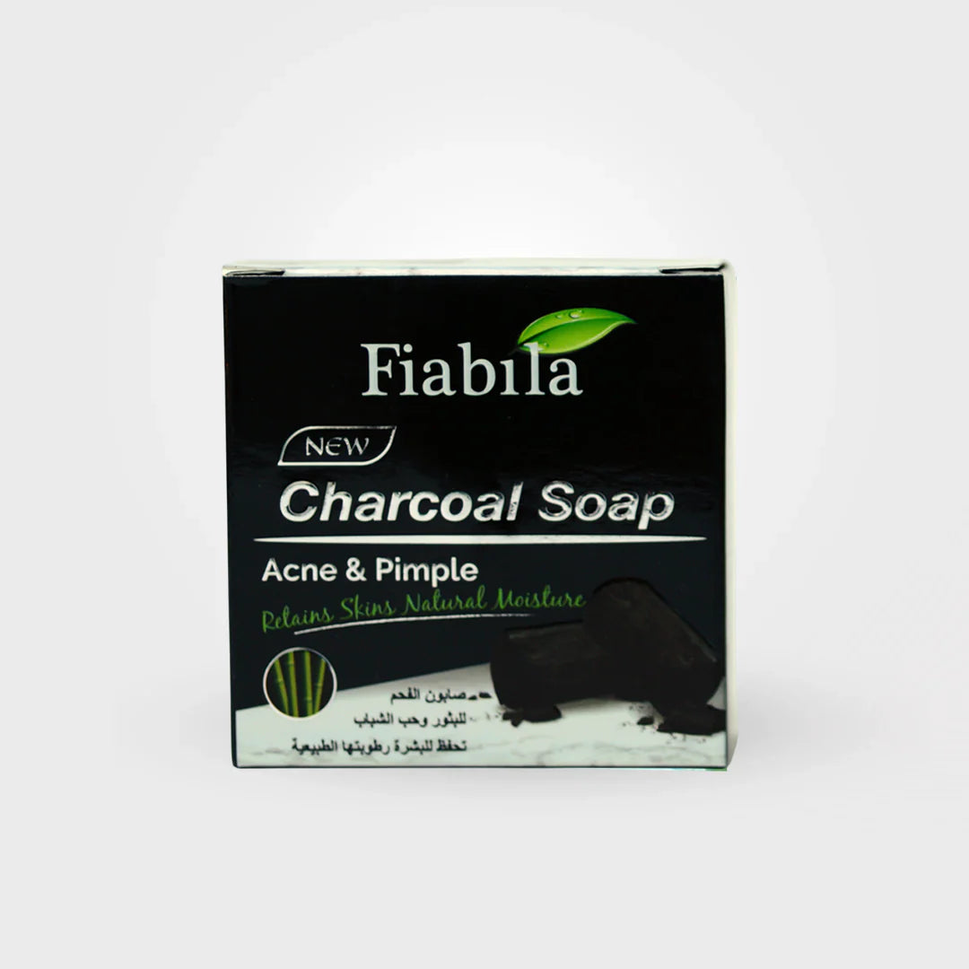 Fiabila charcoal soap box, front label with charcoal bar graphic