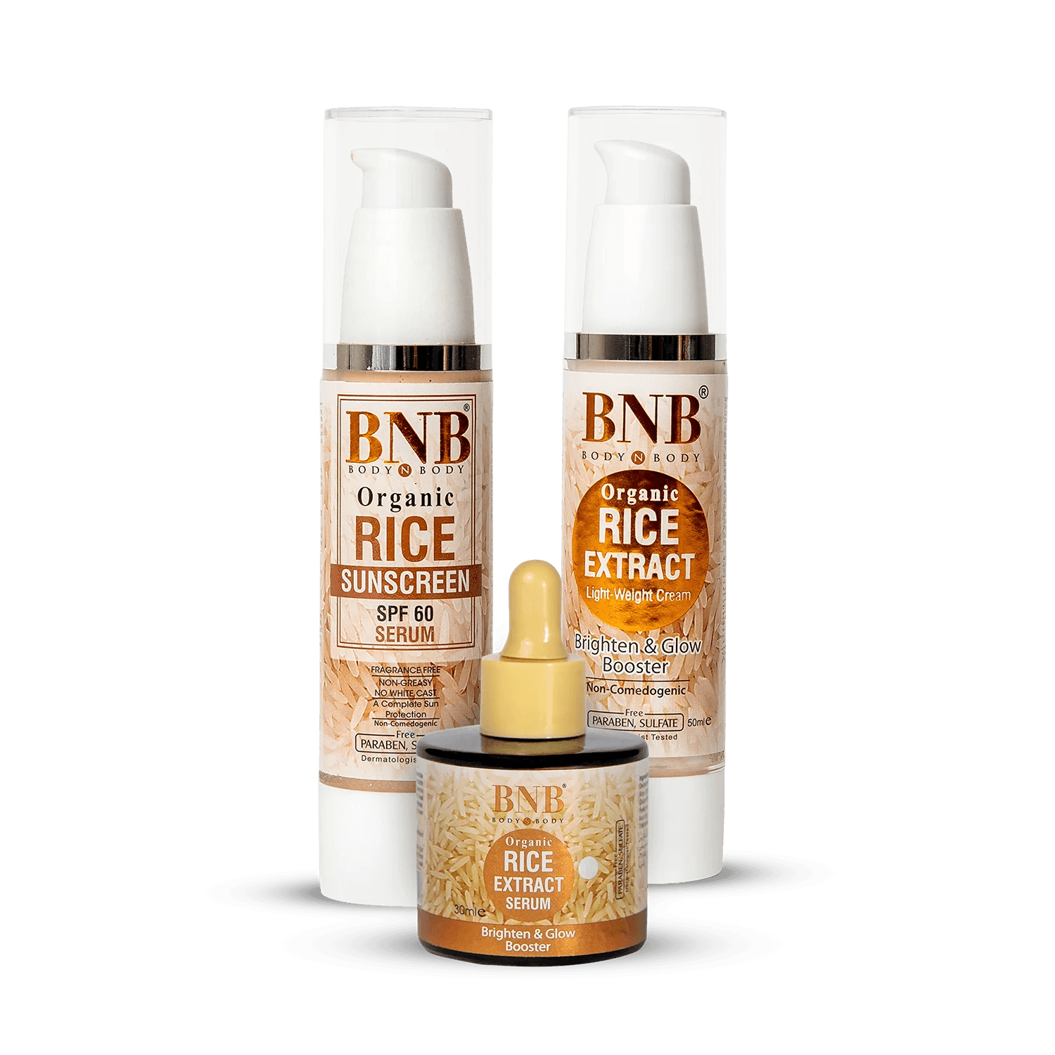 BNB Radiant rice trio ( RICE SUNSCREEN SPF + RICE SERUM + RICE CREAM) - YehChez.pk