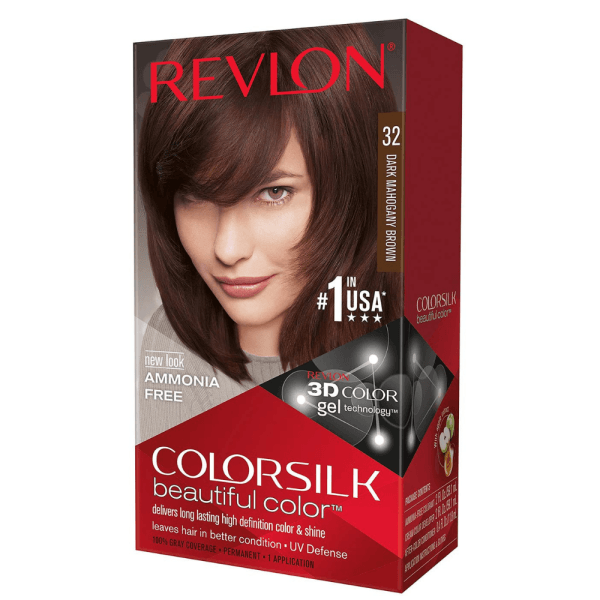 Revlon Colorsilk hair color box 32 dark chocolate brown, front with model