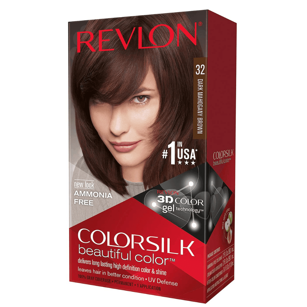 Revlon Colorsilk hair color box 32 dark chocolate brown, straight front