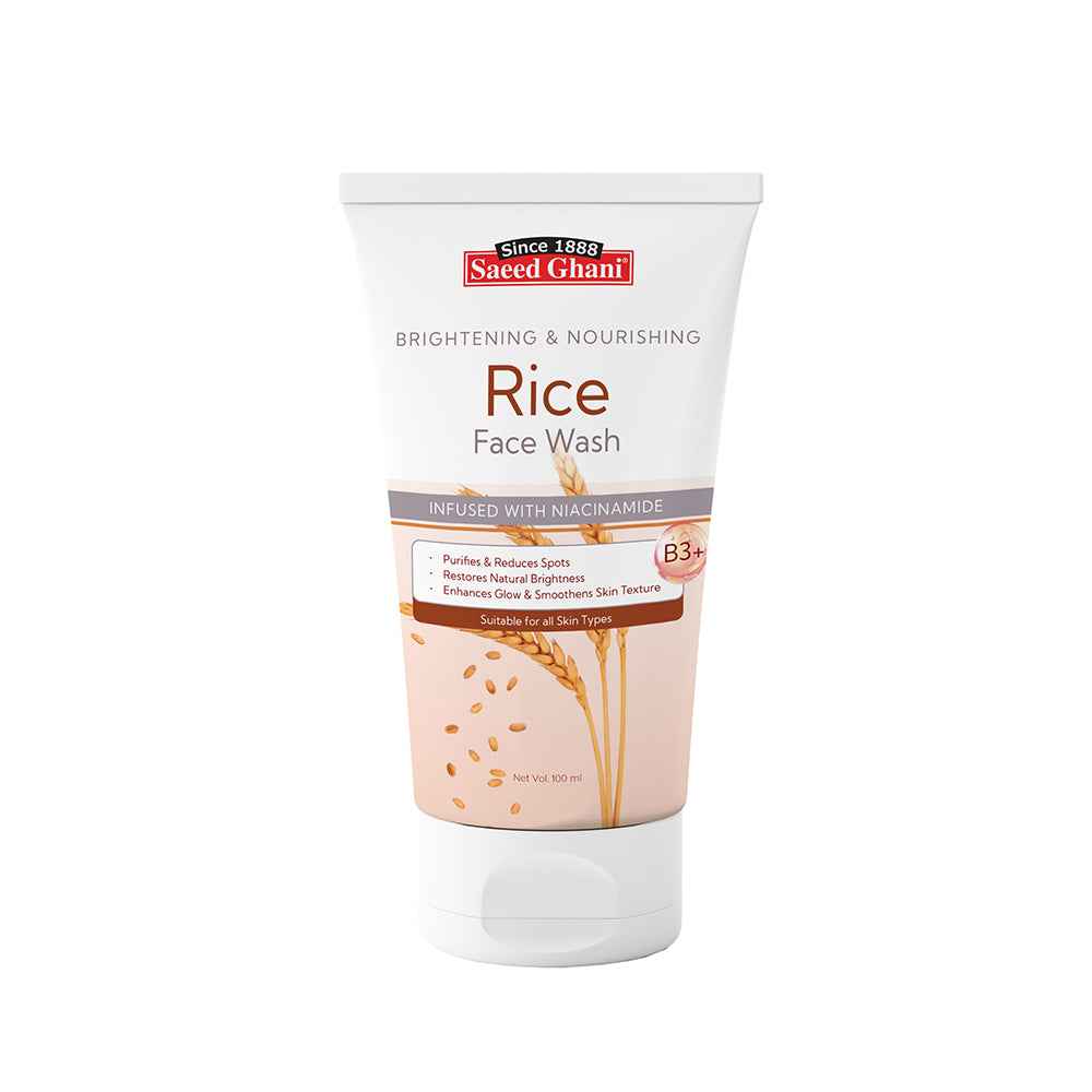 Saeed Ghani rice face wash tube, brightening & nourishing label on white