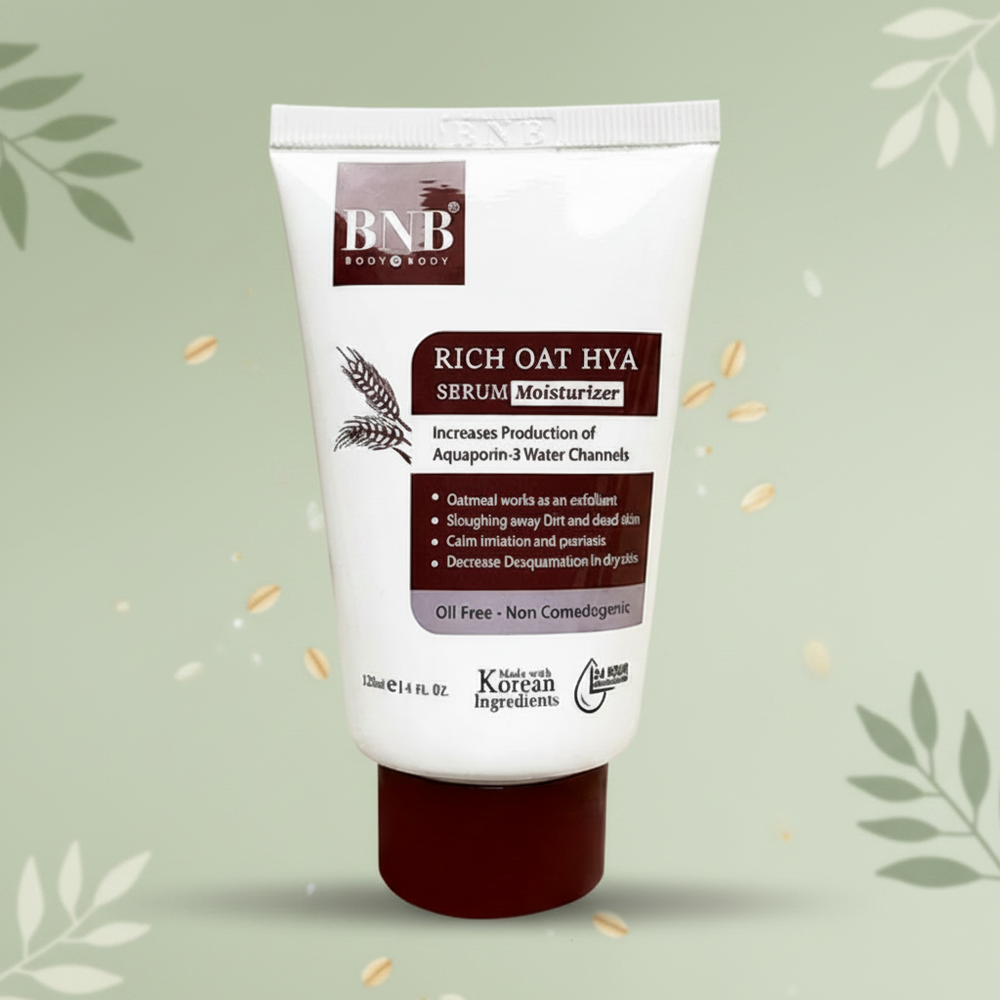 BNB Rich Oat Hya Serum Moisturizer tube, front label with nozzle end