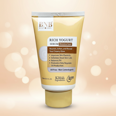 BNB Rich Yogurt Serum Moisturizer tube, front label visible, gold color with silver foil top
