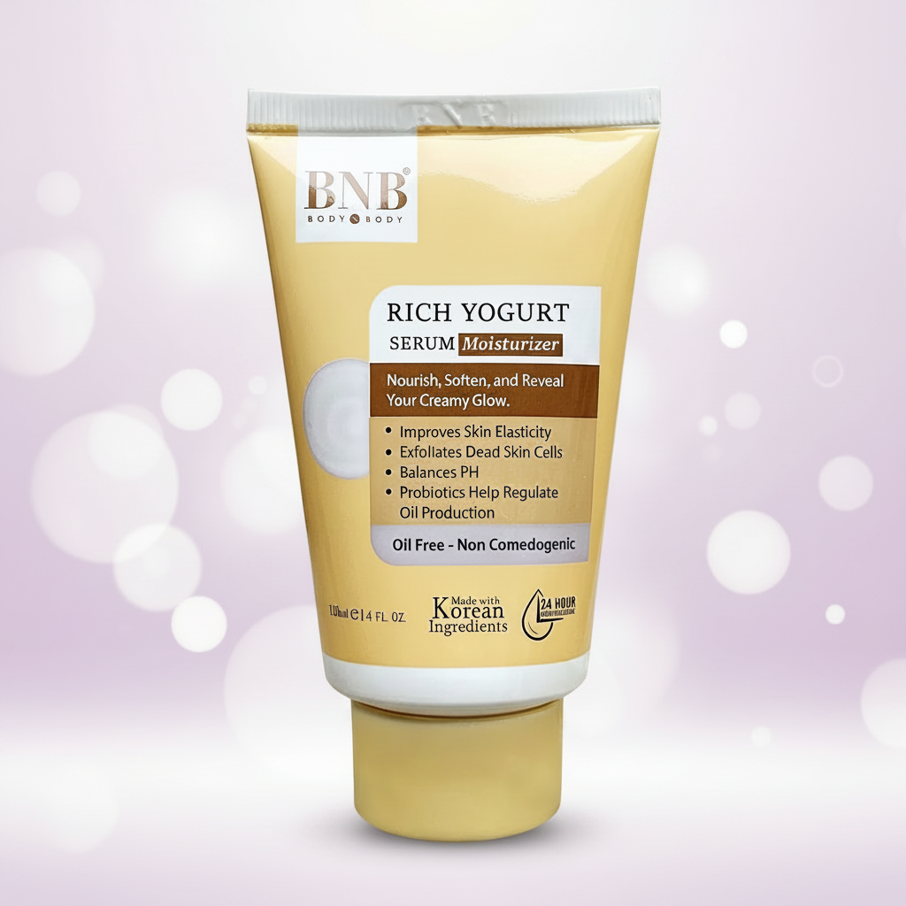 BNB Rich Yogurt Serum Moisturizer tube, gold front with white label and silver crimped top
