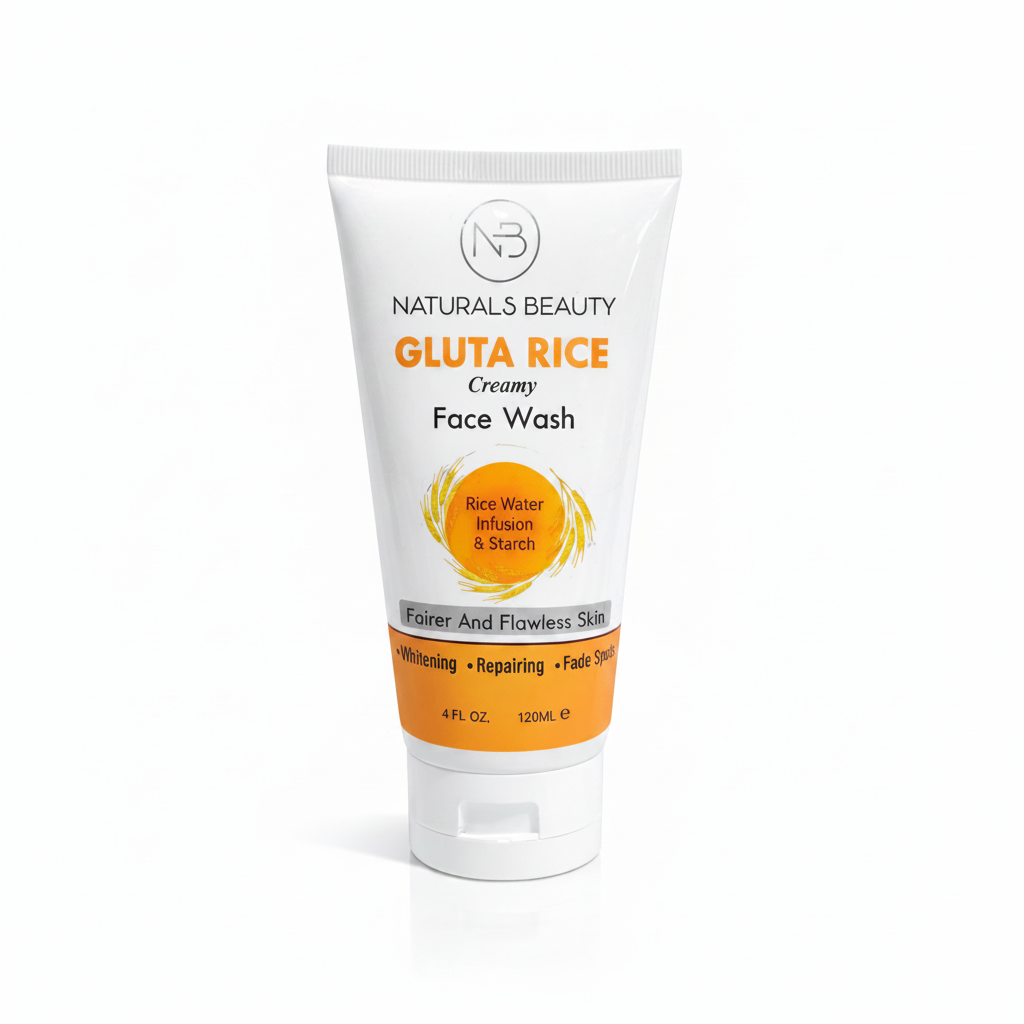 Gluta rice creamy face wash tube, white with orange label front and flip cap