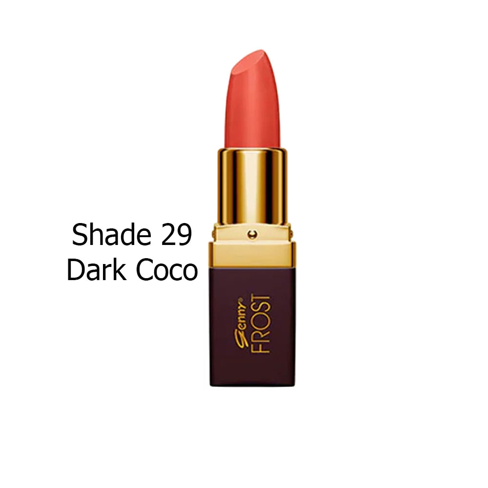 Lipstick in coral-red, gold cap with dark maroon base, Shade 29 Dark Coco