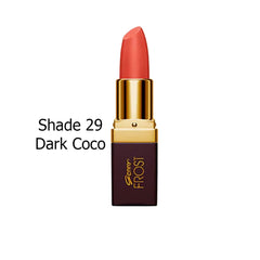 Lipstick in coral-red, gold cap with dark maroon base, Shade 29 Dark Coco
