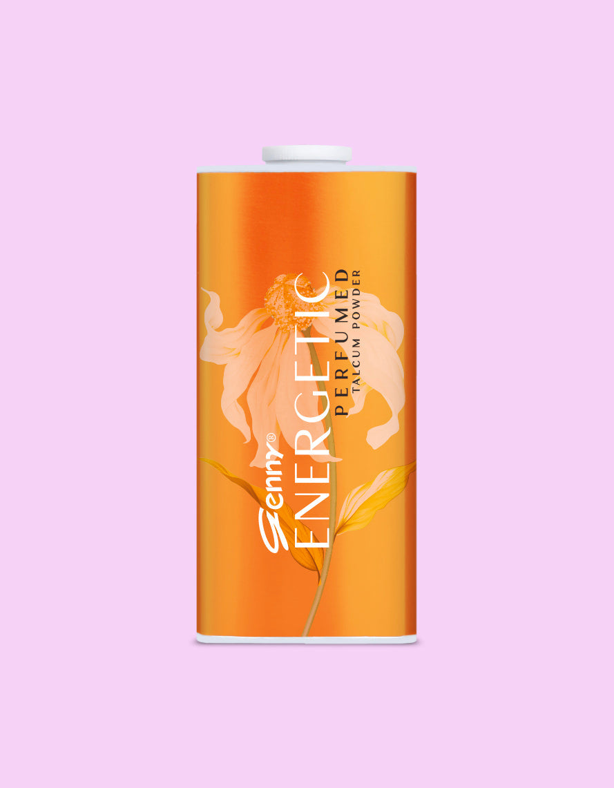 Genny Energetic powder talc bottle, orange cylinder with white cap and label