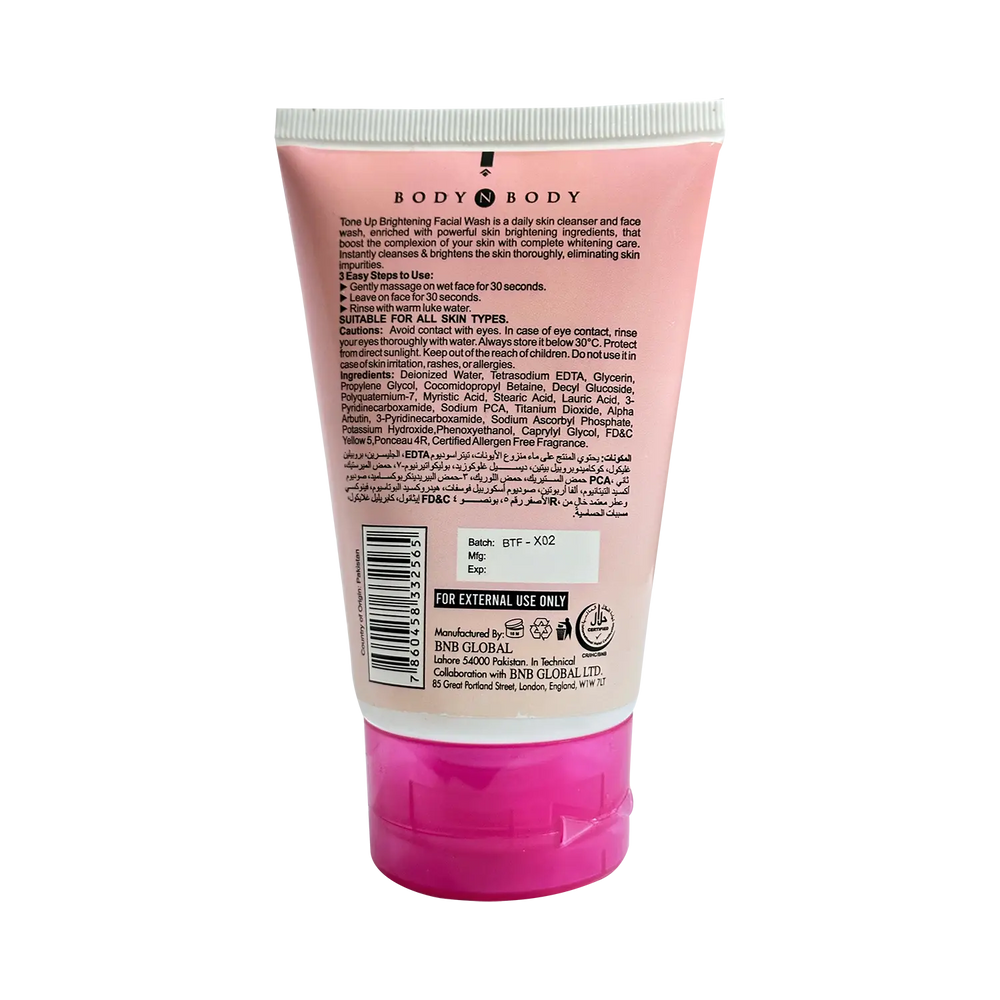 BNB instant tone up face wash tube, back label with usage and ingredients, 120 ml