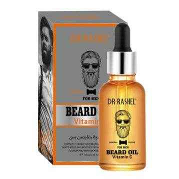 Dr Rashel Vitamin C beard oil bottle beside boxed package, amber liquid