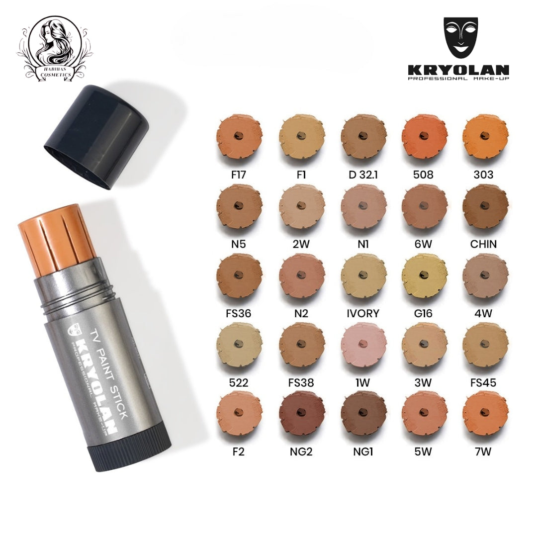 Kryolan TV Paint Stick FS45, silver tube with tan makeup stick and shade swatches