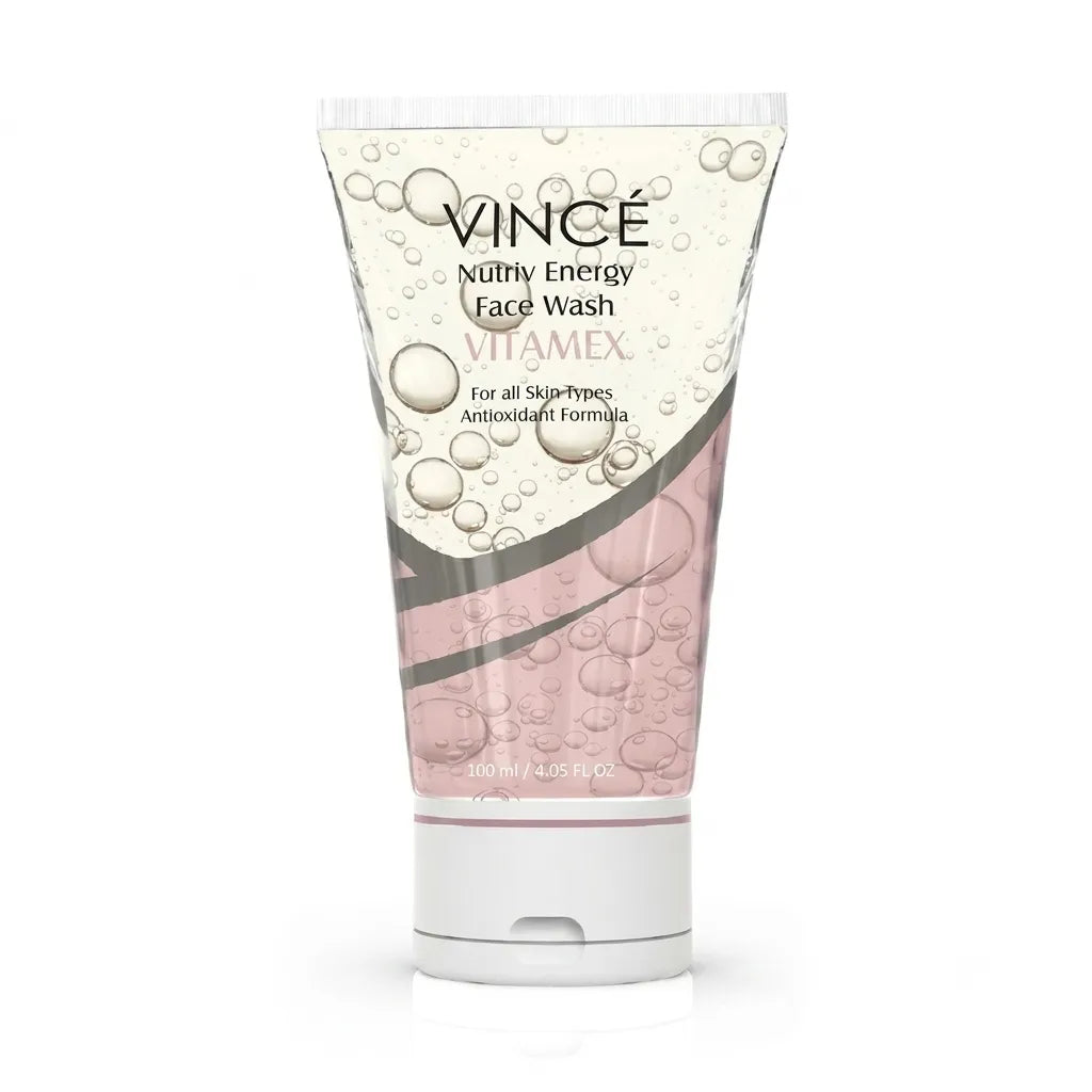 Vince Nutri Energy face wash tube in pale pink and white, flip-top cap