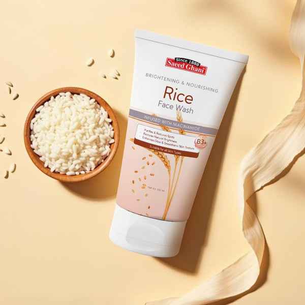 Saeed Ghani rice face wash tube with beige rice-drip graphic on label