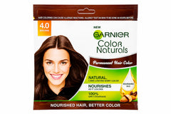 Front view of Brown 4.0 permanent hair color box, Garnier Color Naturals, Nourishes